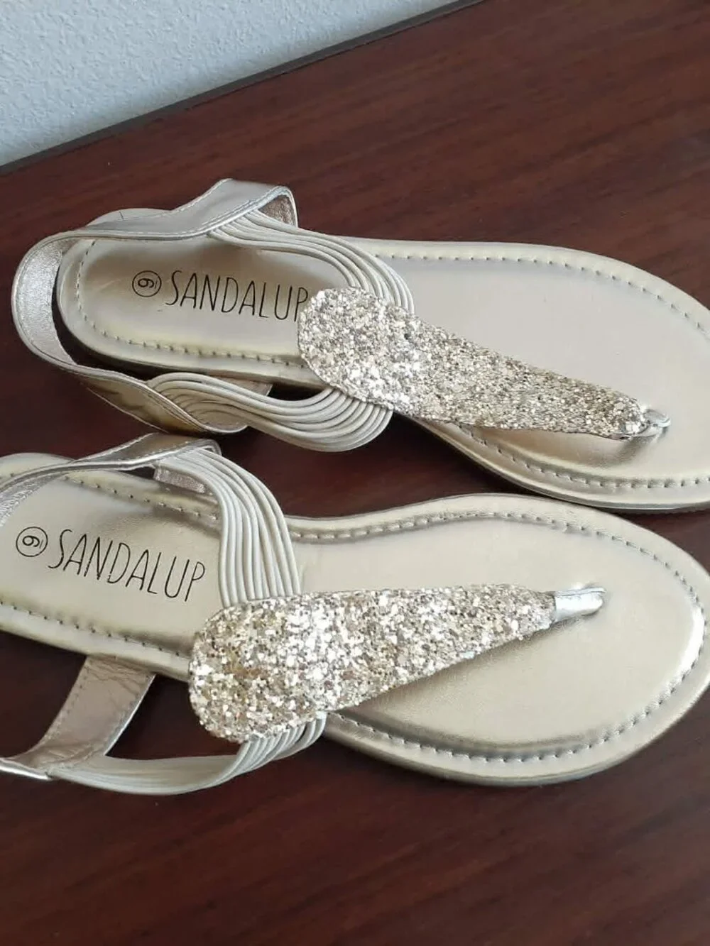 SANDALUP Glitter T-Strap Flat Sandals